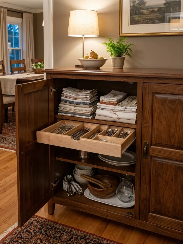 Dining room sideboard with one door open showing organized interior storage — folded linens, flatware tray, and serving pieces on shelves