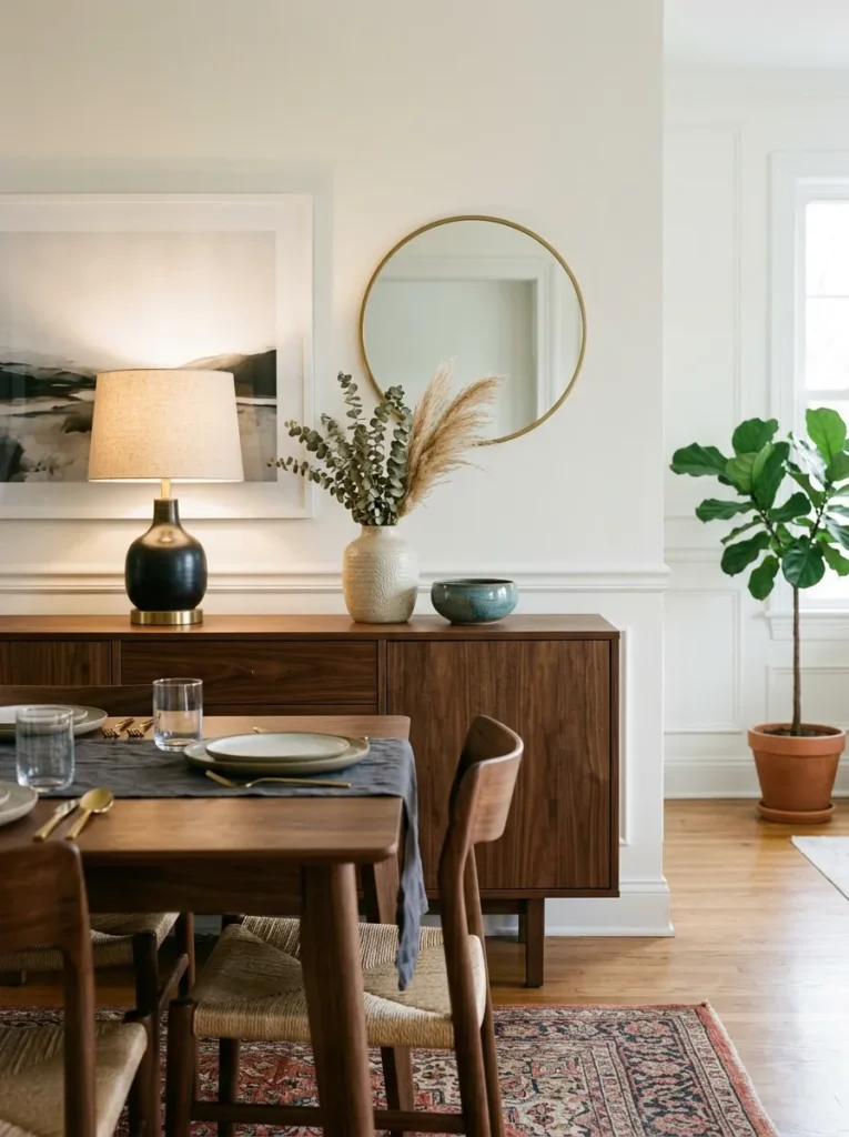 Walnut sideboard at approximately dining table height with a lamp and ceramics on the surface, the proportional height relationship to the table clearly correct