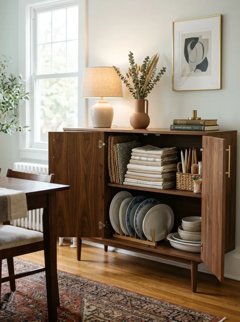 Dining room sideboard with organized interior storage — folded linens, placemats, candles, and serving platters — keeping the surface clear for display