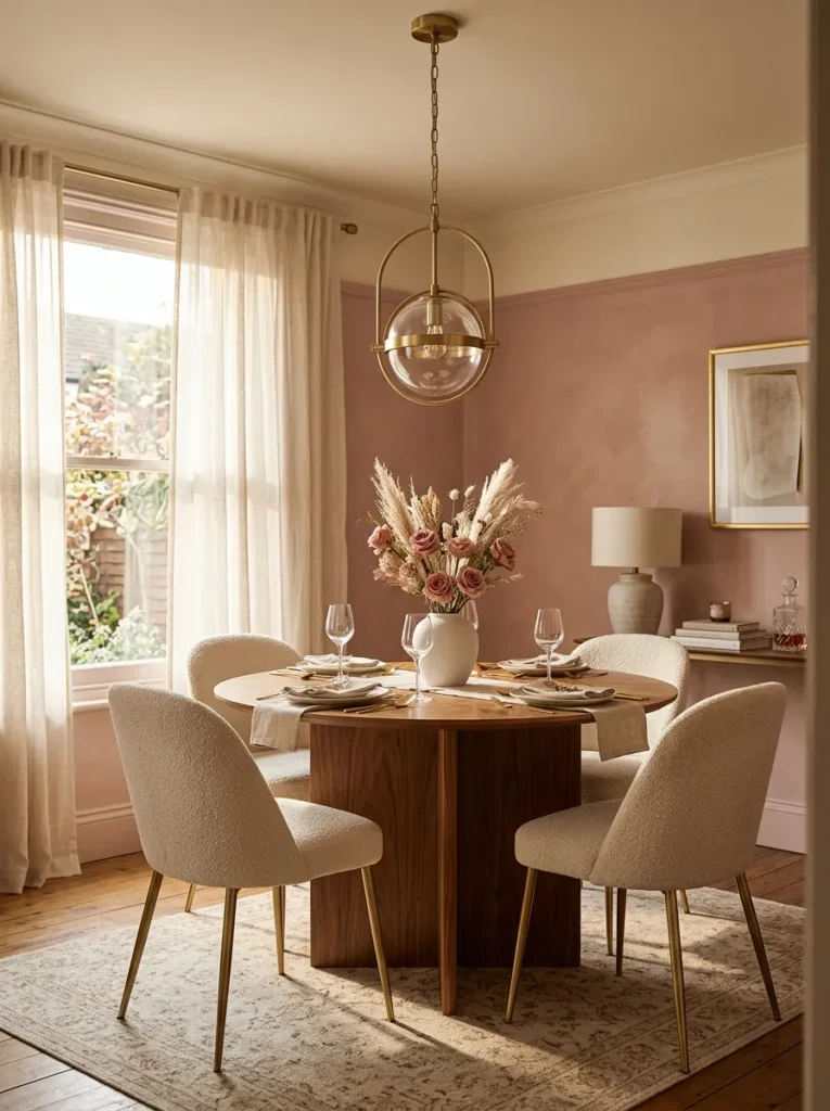 Muted dusty rose dining room with walnut round table, cream gold-legged chairs, brushed gold chandelier, and dried flower centerpiece
