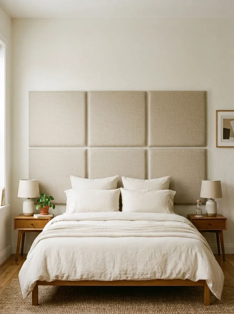 Six upholstered fabric panels in warm oatmeal linen arranged in a 3x2 grid forming a modular headboard behind the bed