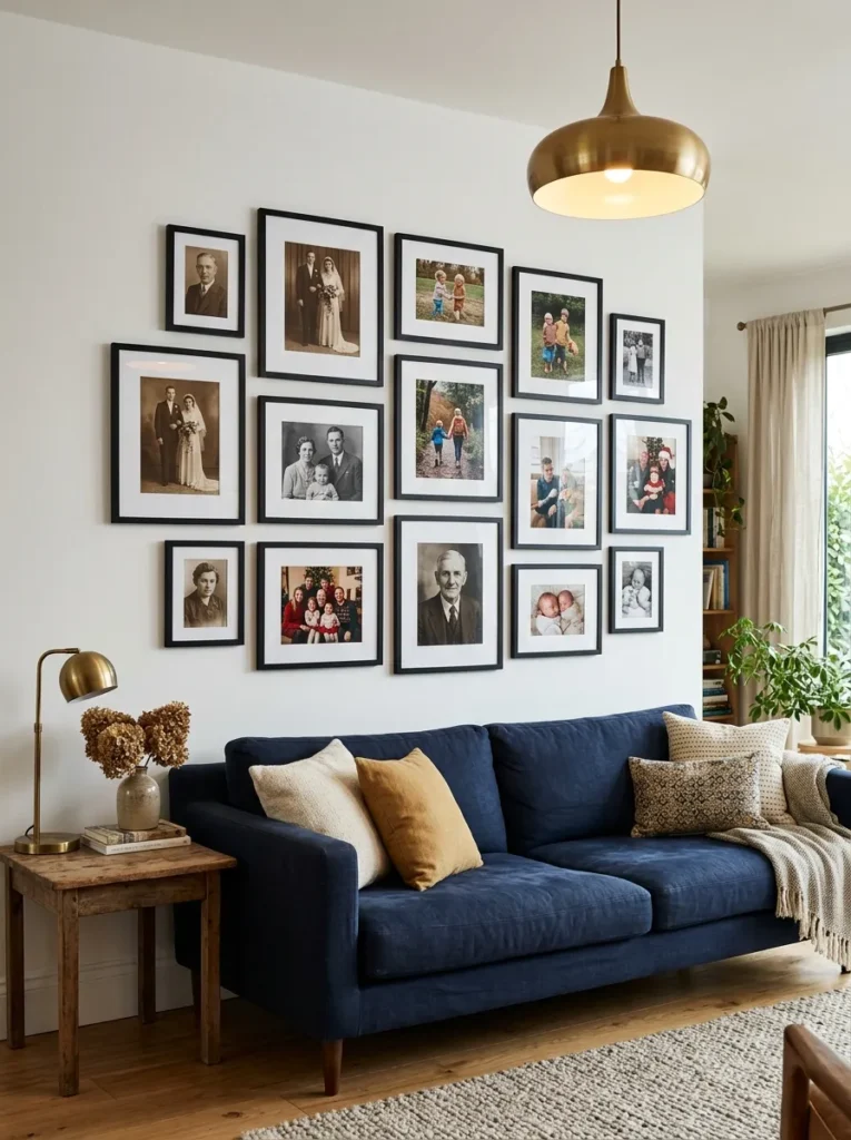 Family photo gallery wall above a navy sofa with twelve photographs spanning multiple eras, all in matching black frames with white mats