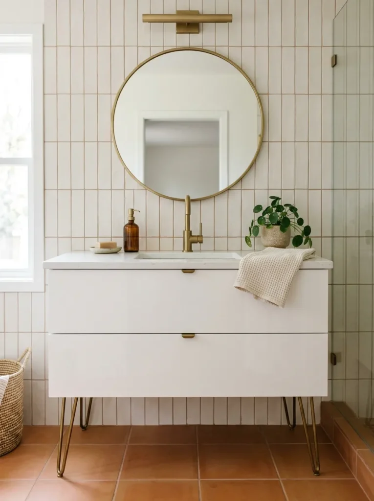 White floating bathroom vanity with slim aged brass hairpin legs and a matching brass gooseneck faucet, giving the cabinet a furniture-like quality