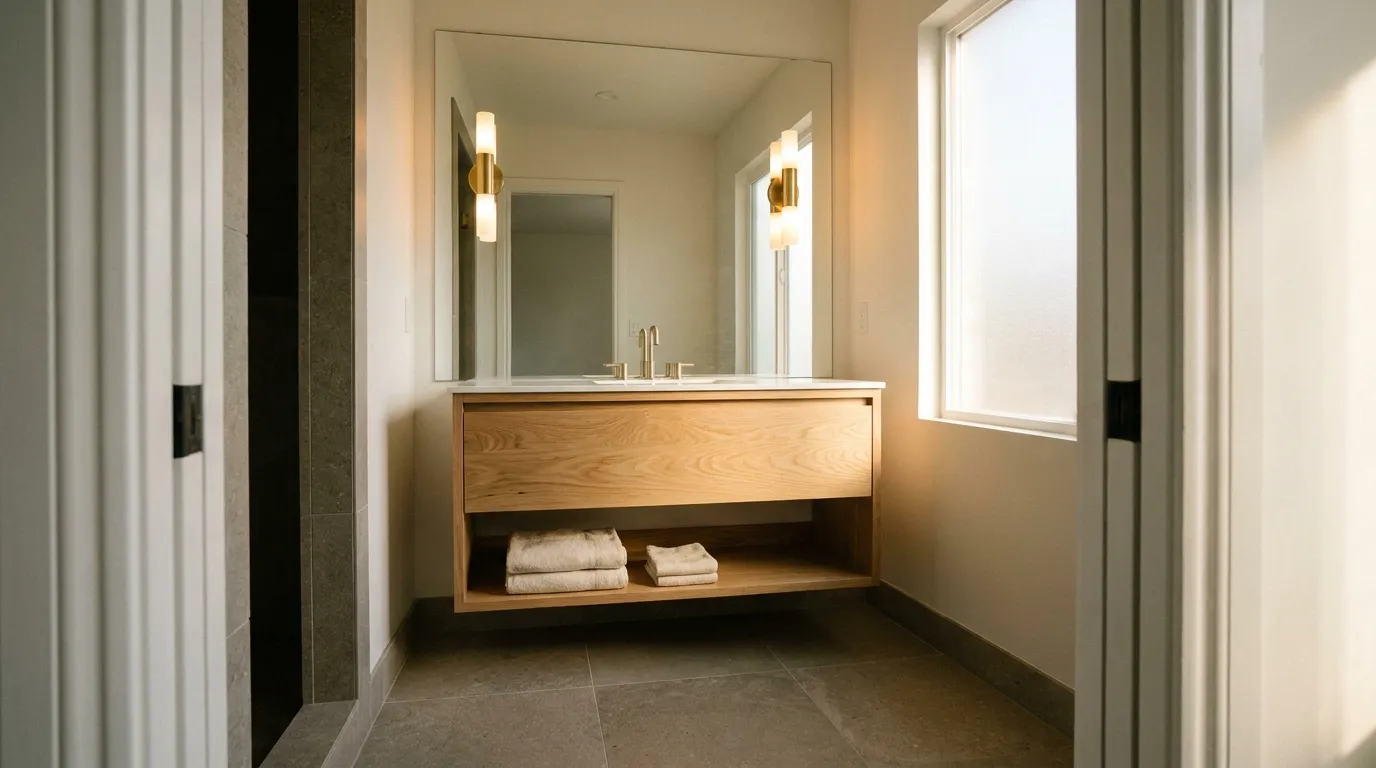 Natural oak floating vanity with a frameless full-width mirror, brass wall sconces, and stone tile floor visible beneath the wall-mounted cabinet