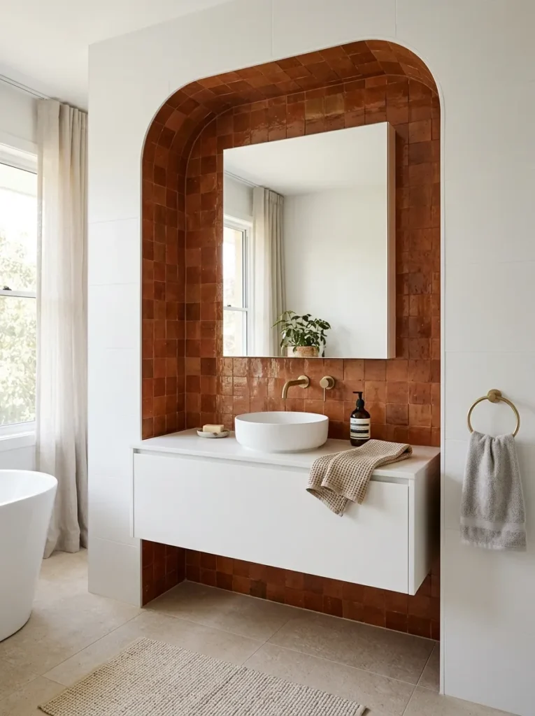 White floating vanity inside a recessed niche lined with terracotta zellige tile against plain white surrounding bathroom walls