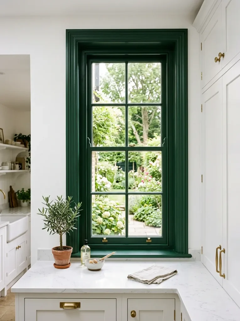 Kitchen window with frame, sash, and casing painted deep forest green, contrasting against white walls and cabinetry with a garden view through the glass