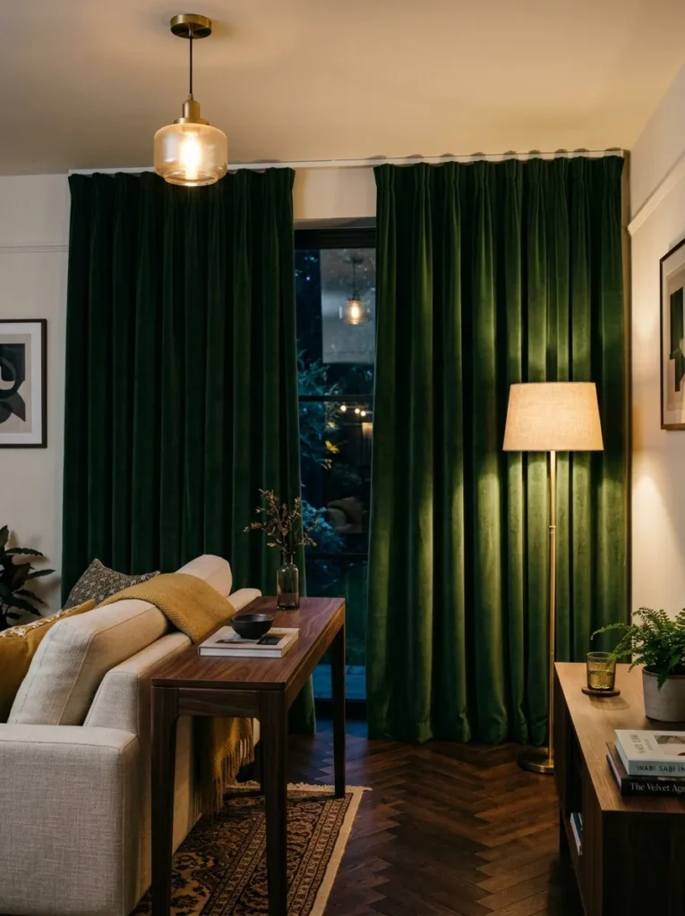 Deep forest green velvet curtain panels partially drawn in an evening living room, the pile catching warm lamplight and creating rich rounded folds