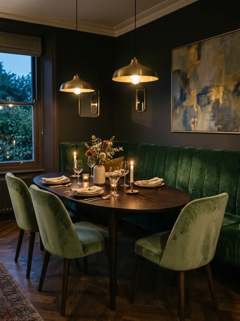 Forest green velvet dining bench beside a dark oval dining table with brass pendants casting warm evening light in a charcoal dining room
