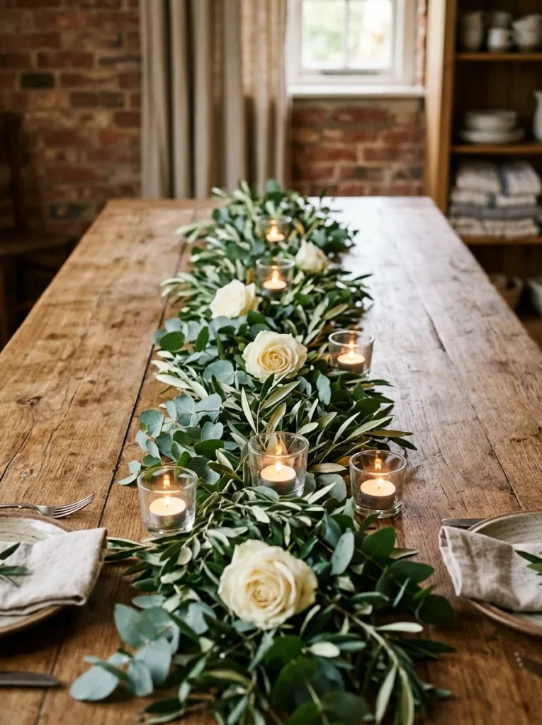 Fresh eucalyptus and olive branch table runner laid directly on a wood dining table with glass votives and cream rose heads nestled between the foliage