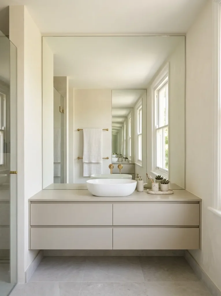 Frameless mirror spanning the full bathroom wall width above a floating vanity, reflecting the opposite wall and doubling the room's apparent depth