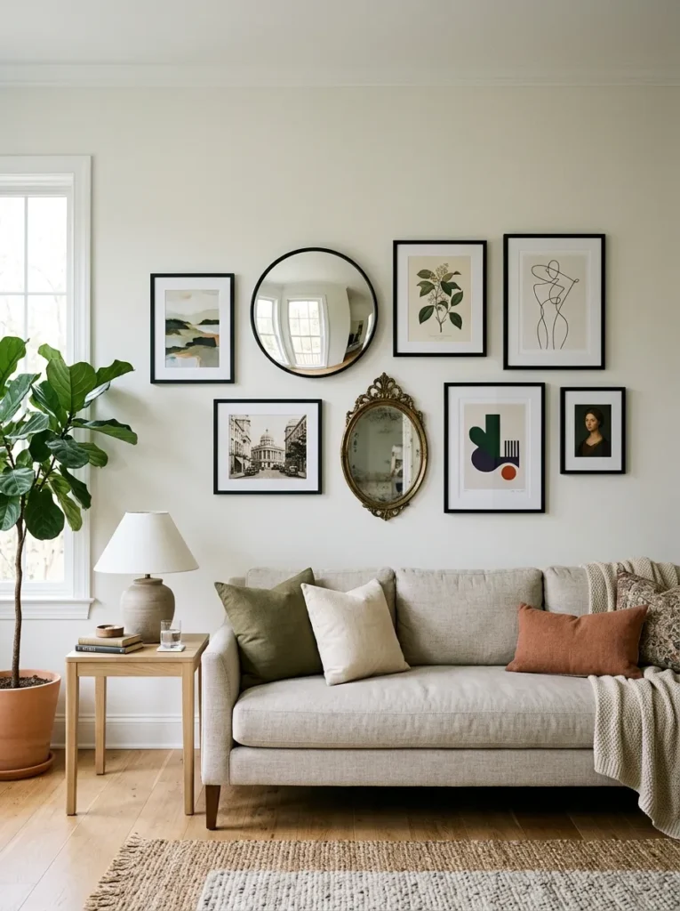 Living room gallery wall mixing framed prints with a convex black-framed mirror and an oval brass mirror, the convex mirror reflecting a nearby window