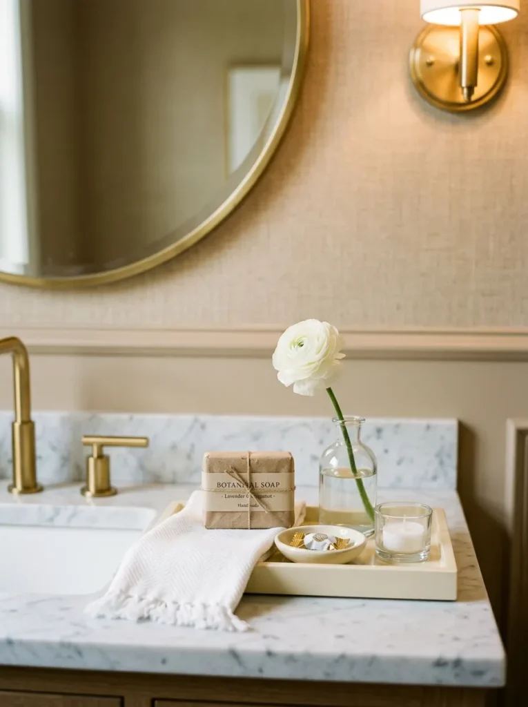 Guest bathroom hospitality tray with a folded linen hand towel, wrapped artisan soap, ranunculus bud vase, and tea light, all new and carefully arranged
