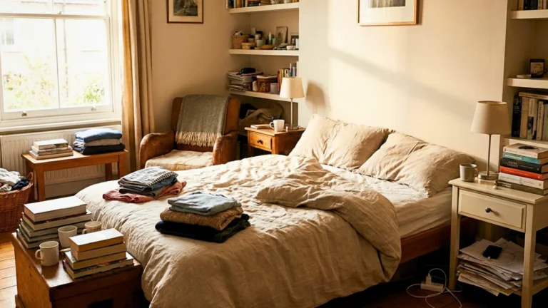 Cluttered bedroom with a small area ready for decluttering