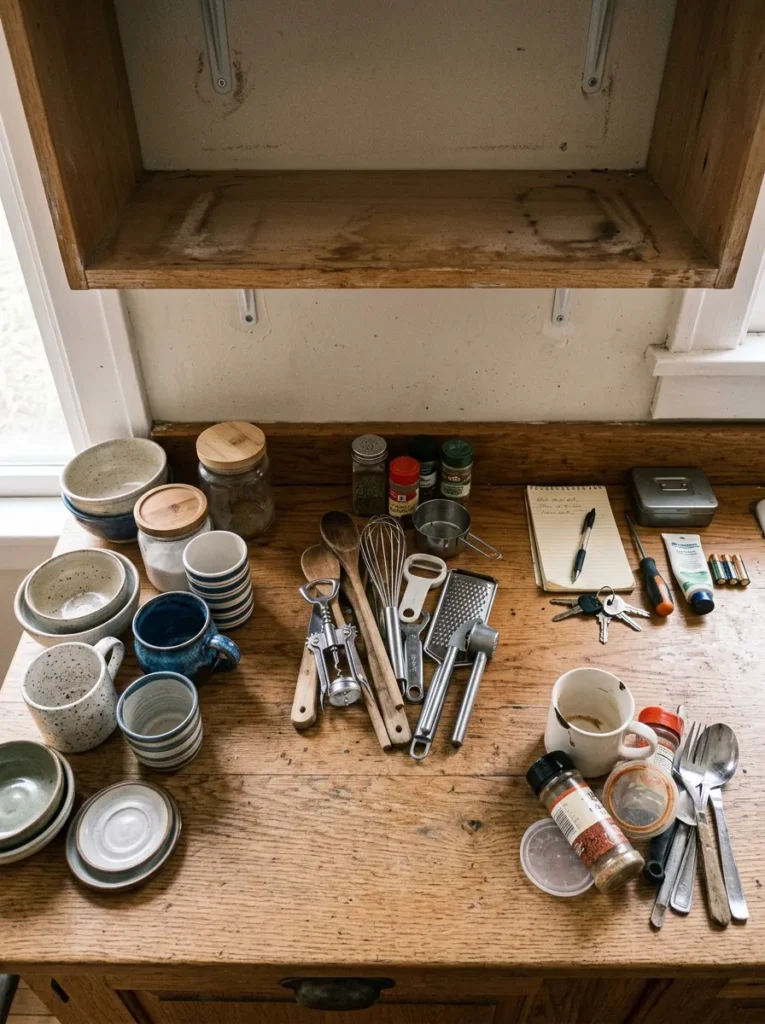 Kitchen shelf contents emptied onto the counter and grouped for editing, with the empty shelf visible in the background