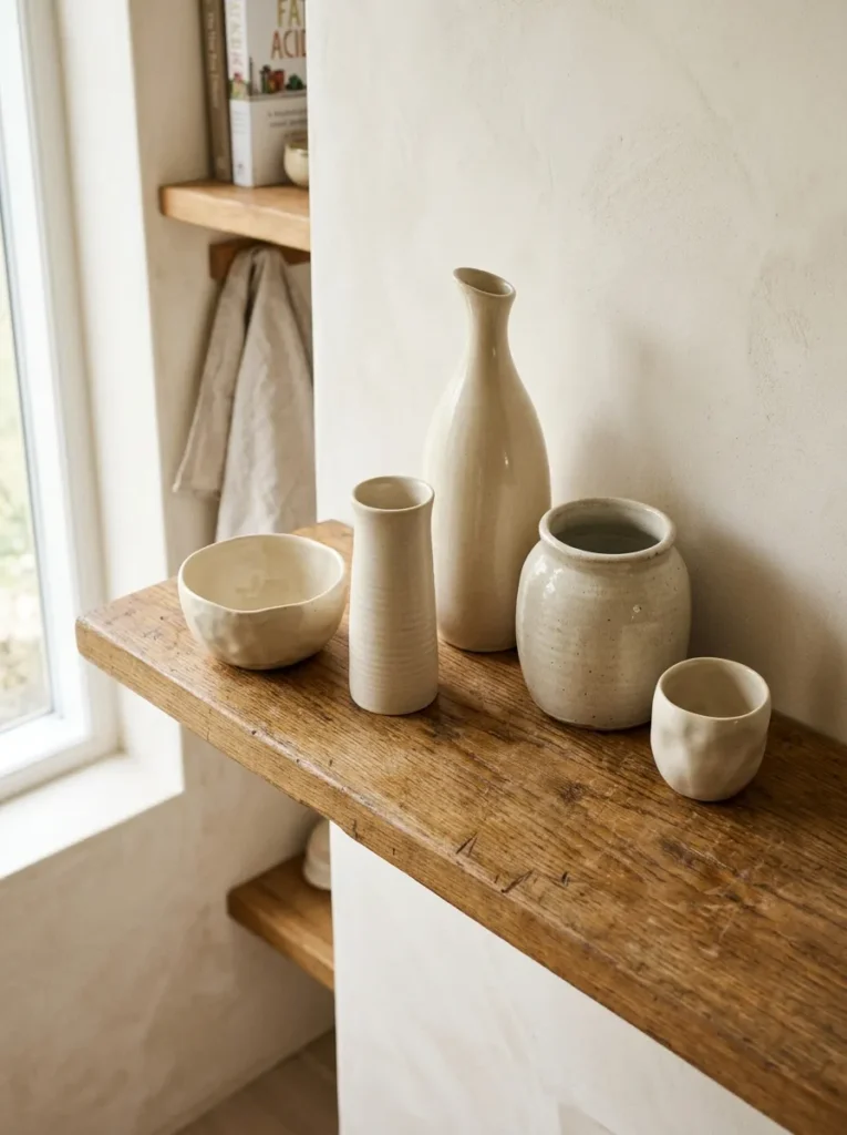 Five cream ceramic vessels in varied heights and shapes grouped asymmetrically on a kitchen shelf, showing the odd-number principle