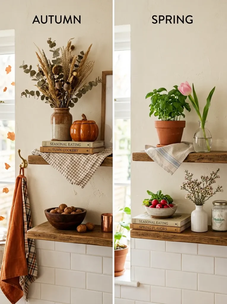 Same kitchen shelf shown in two seasons — autumn with dried eucalyptus and warm objects, spring with a potted herb and fresh stem