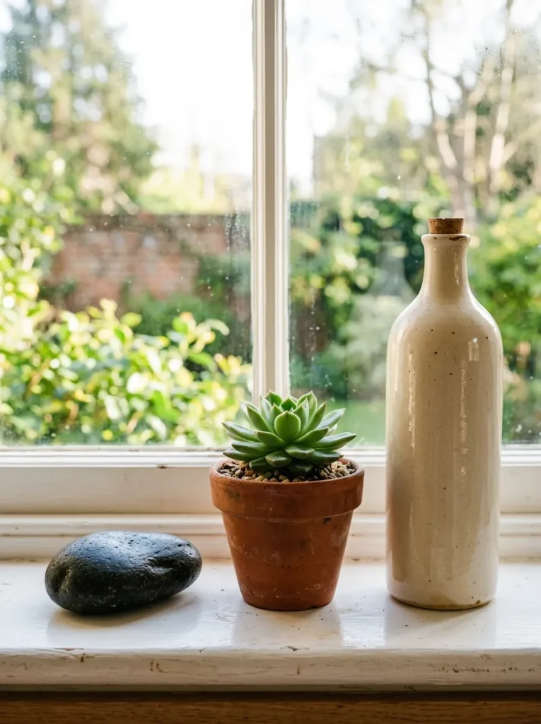 Kitchen windowsill styled with a tall cream ceramic bottle, a small terracotta succulent, and a dark river stone at varying heights in morning backlight