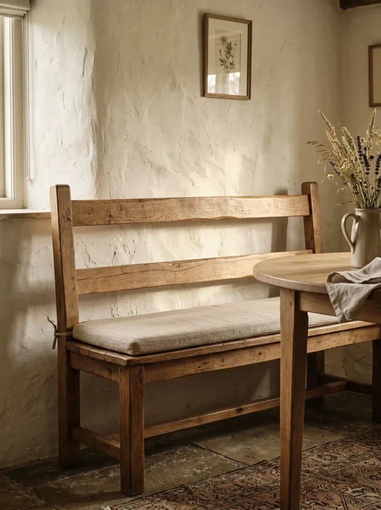 Oak dining bench with a low ladder back showing two horizontal rails, the limewash wall visible through the open back structure