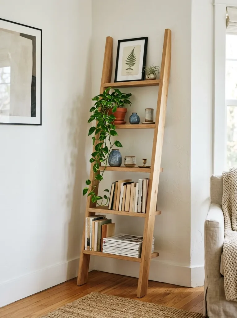 Natural wood ladder shelf leaning in a living room corner with books on lower rungs, ceramics in the middle, and a small print at the top
