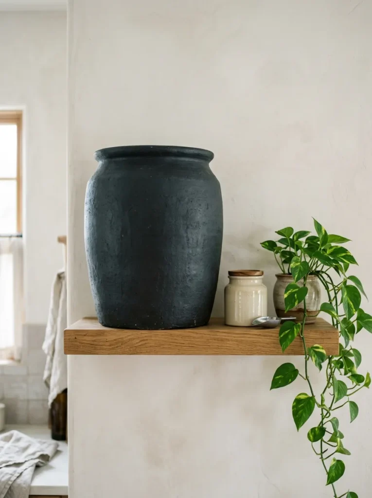 Large matte charcoal ceramic crock as the dominant anchor on a kitchen shelf with smaller secondary objects flanking it