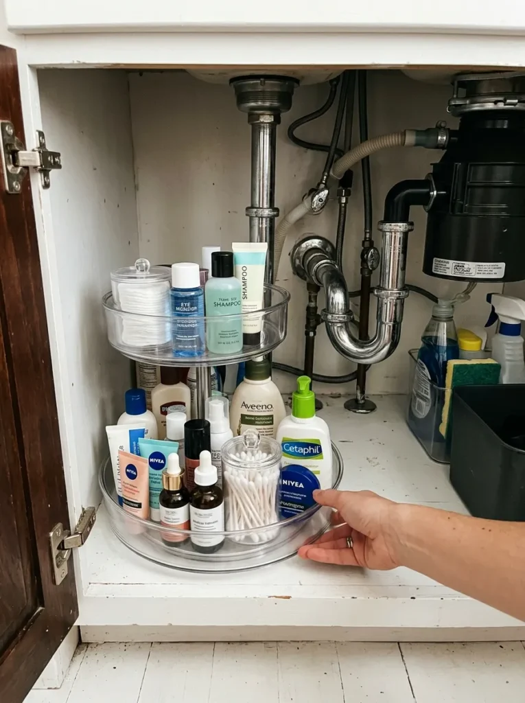 Two-tier lazy Susan turntable in the floor space beside the drain pipe in an under-sink cabinet, hand spinning to demonstrate accessibility
