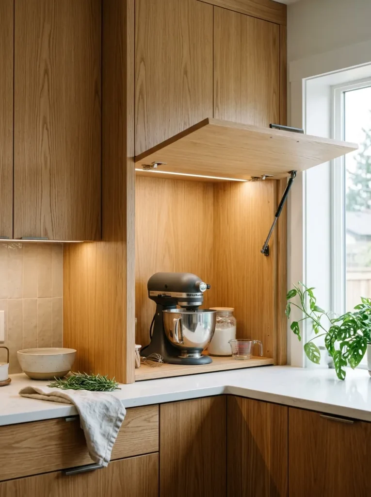 Lift-up appliance garage door held horizontal by a gas strut, the full interior accessible below with a stand mixer visible inside