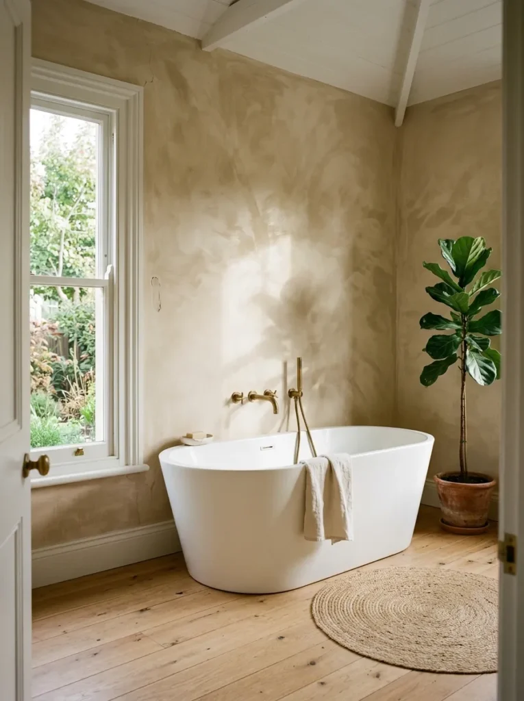 Warm beige limewash painted walls in a bathroom with a white freestanding tub, oak floor, and brass wall-mounted faucet
