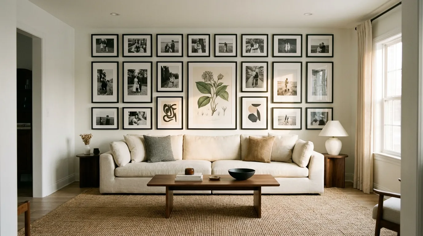 Salon-style gallery wall in consistent black frames above a cream linen sofa, mixing black-and-white photography and botanical prints in warm afternoon light
