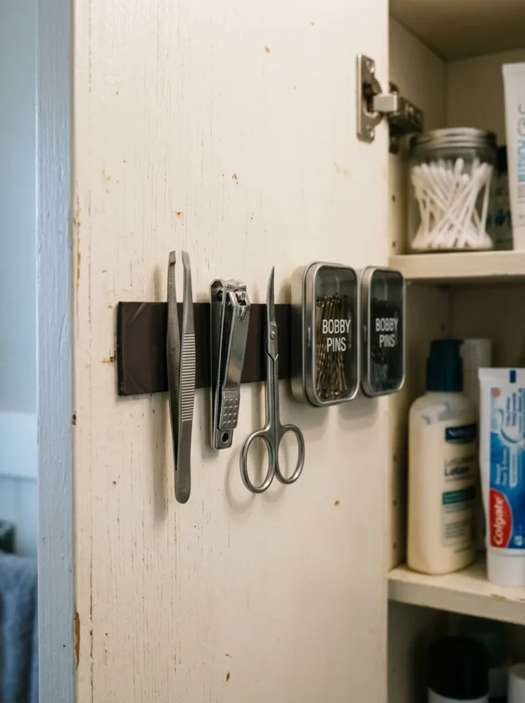 Self-adhesive magnetic strip on a bathroom cabinet interior wall holding tweezers, nail clippers, small scissors, and bobby pin containers