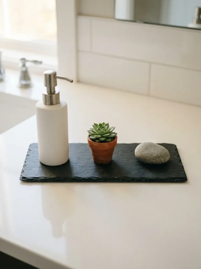 Small slate bathroom tray with exactly three objects — a ceramic soap pump, a succulent in terracotta, and a river stone — generous space between each
