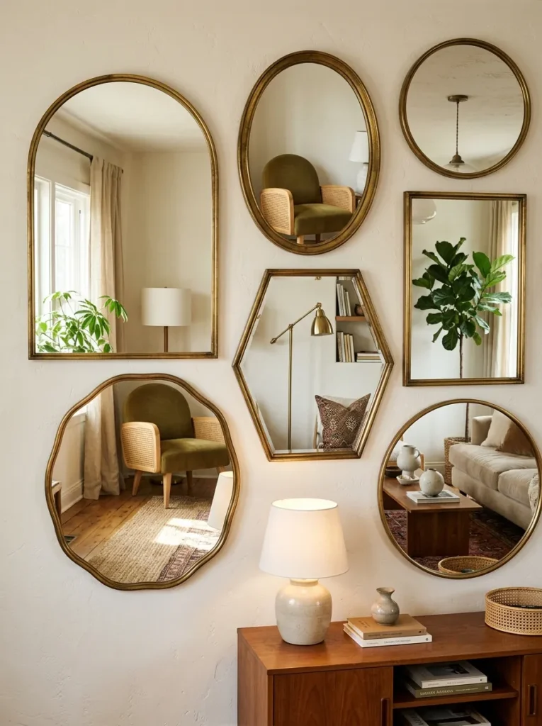 Seven mirrors in varying shapes all with aged brass frames clustered together on a living room wall, reflecting different room elements