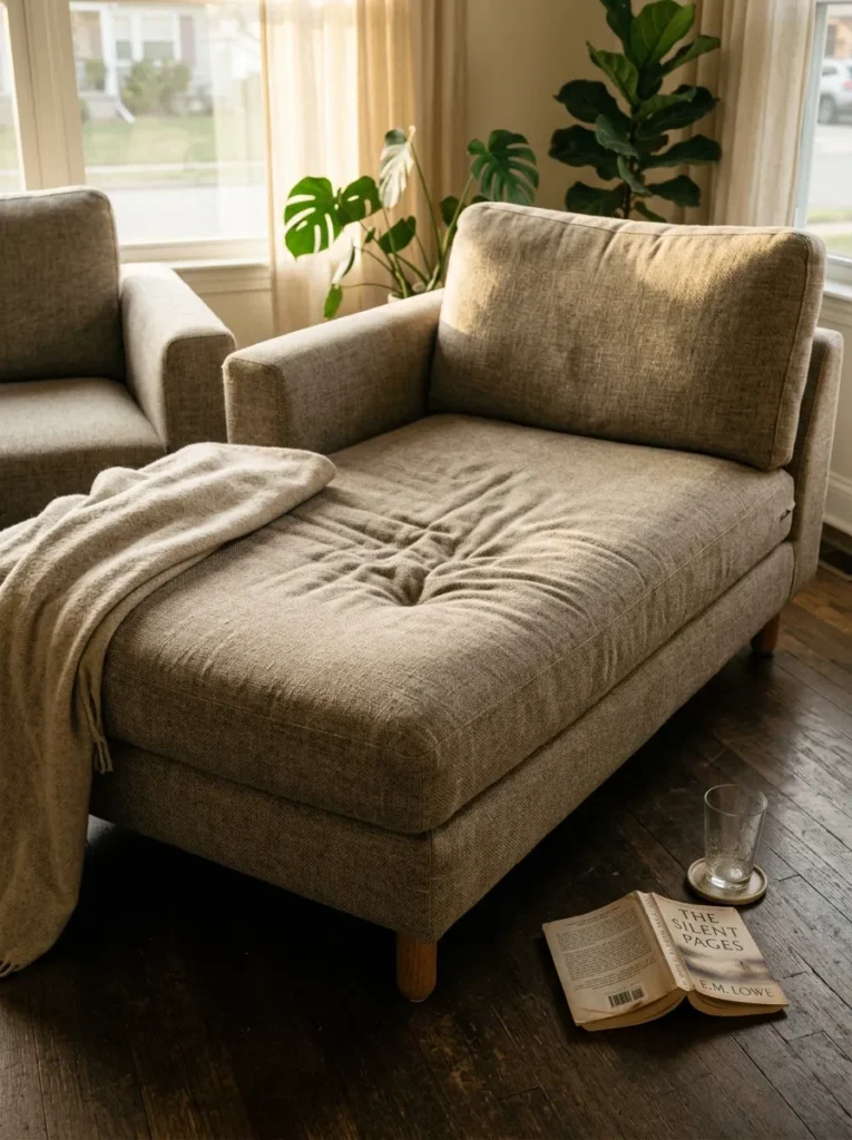 Chaise module end of a modular sofa showing the full leg-support length with a book and glass beside it in warm afternoon light