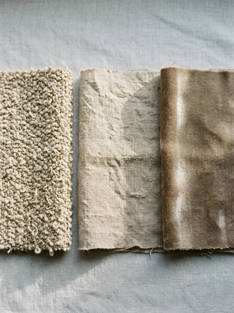 Three modular sofa fabric samples side by side — boucle with nubby loops, washed linen with slub texture, and velvet with directional pile