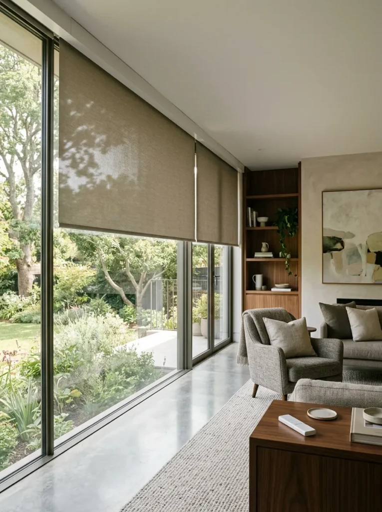 Motorized solar roller shade partially lowered on a floor-to-ceiling living room window, with a slim minimal fascia at the ceiling and a remote on a side table