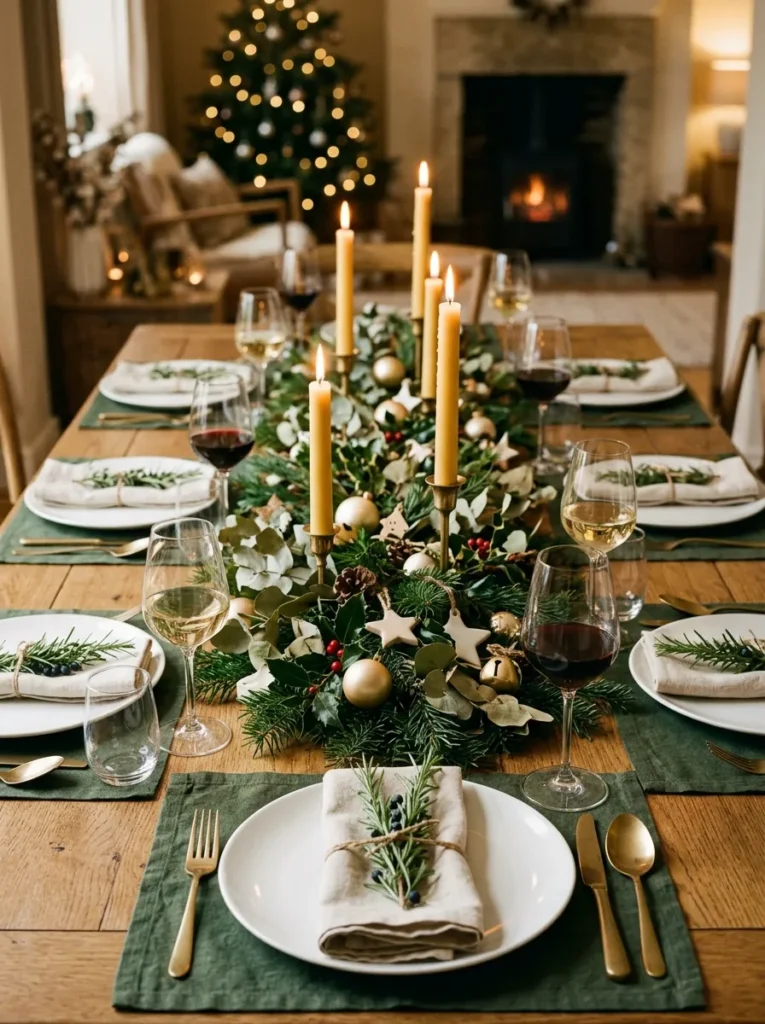 Holiday dining table with a fresh pine and eucalyptus branch runner, beeswax candles, white plates, and rosemary-tied napkins in a natural seasonal palette