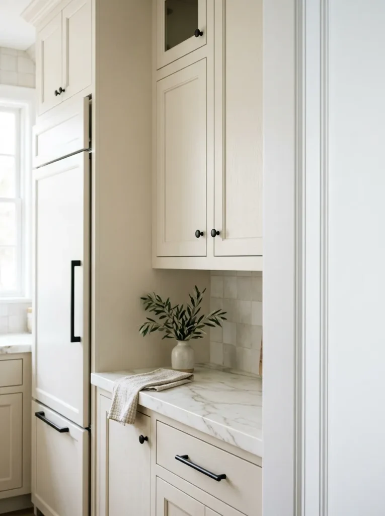 Off-white linen-toned kitchen cabinets with matte black hardware and white marble countertop, warmer than the surrounding white trim and appliances