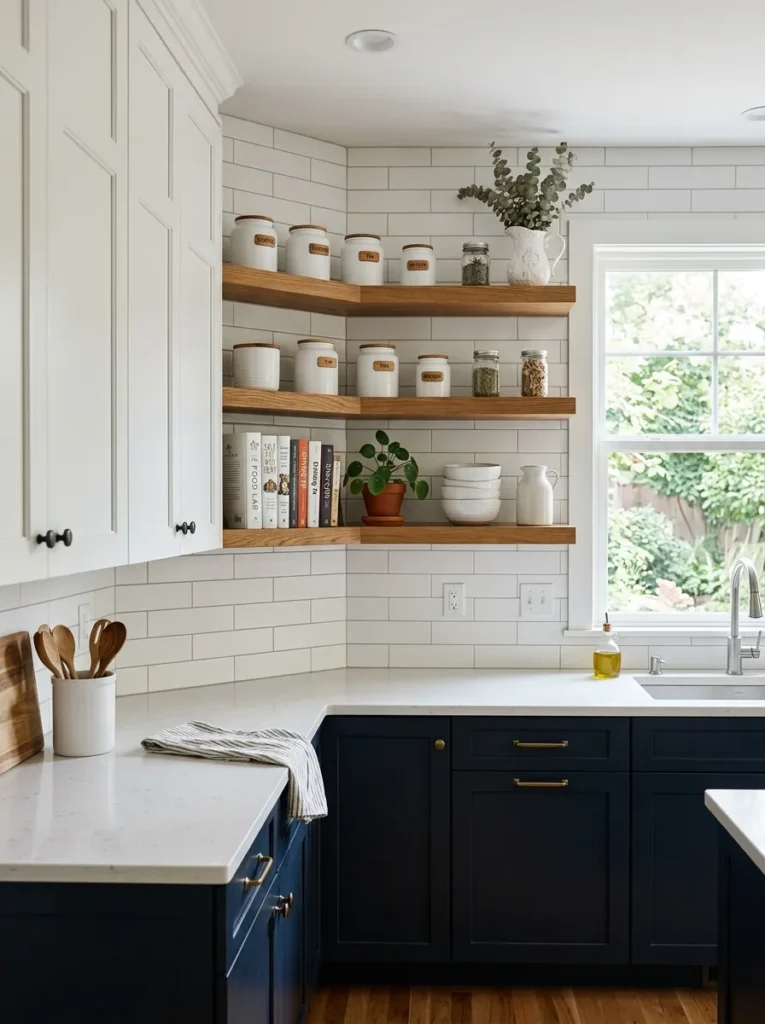 Kitchen corner with upper cabinet replaced by two open floating shelves holding cookbooks, white ceramics, and a small plant
