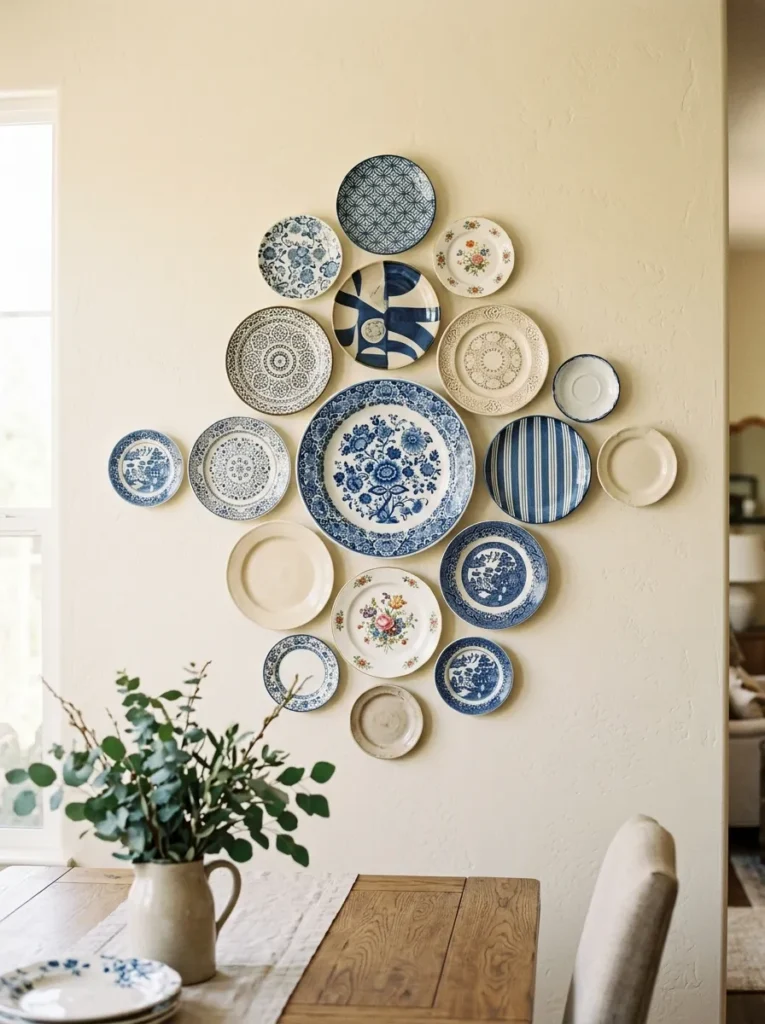 Dining room plate wall in an organic cluster radiating from a central large plate, oval shape with mixed blue, white, and cream plates