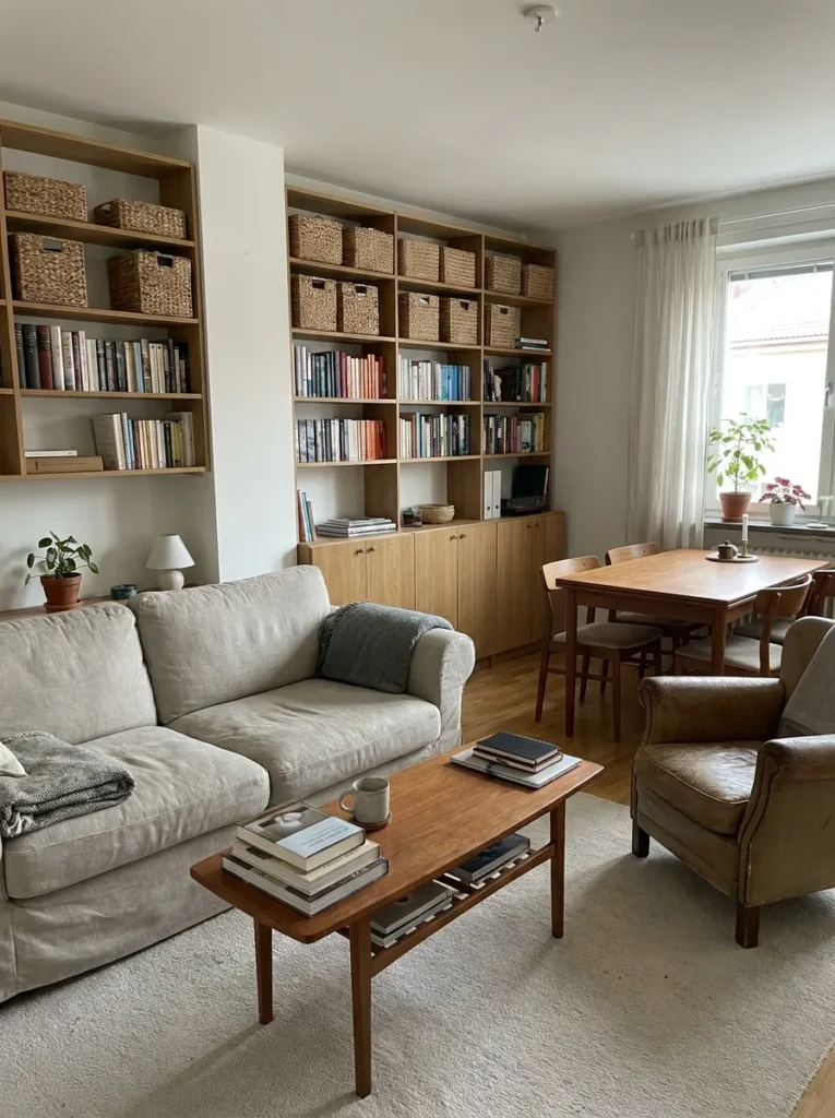 Functional organized room with clear surfaces and practical storage