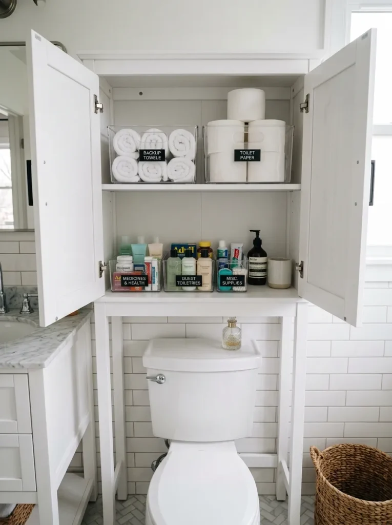 Over-toilet cabinet with doors open showing organized backup towels and bathroom supplies in labeled clear bins on two shelves above the toilet tank