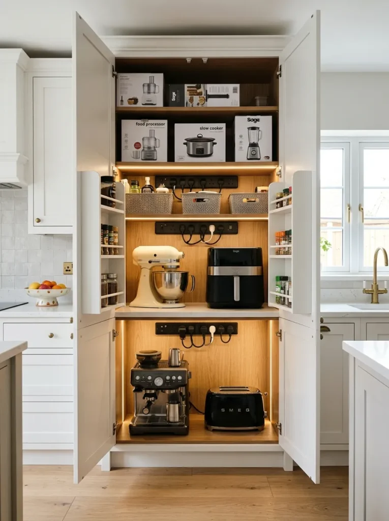 Floor-to-ceiling pantry column open with multiple appliance shelves including coffee maker, stand mixer, air fryer, and LED strip lighting on each level