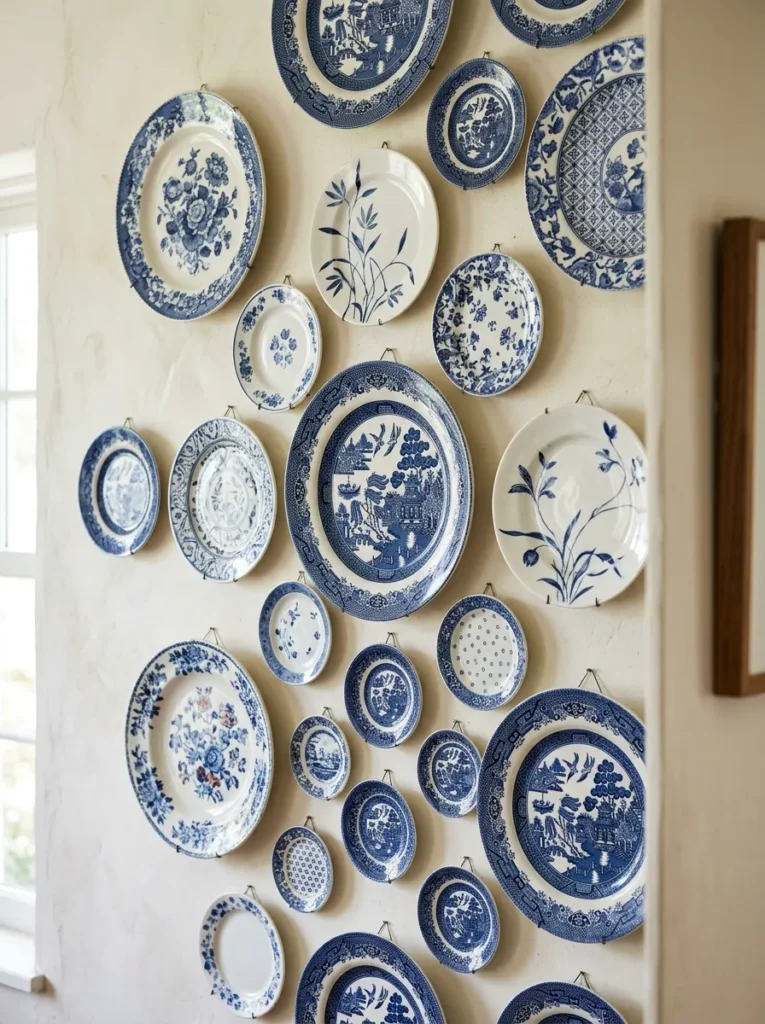 Dining room plate wall section showing four distinct diameter ranges from large dinner plates to small accent pieces creating visual rhythm