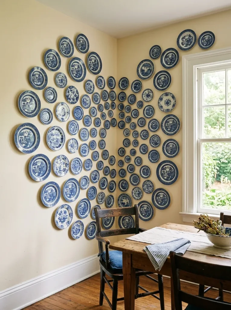 Dining room plate wall wrapping continuously from one wall around the corner to the adjacent wall with smaller plates at the corner junction