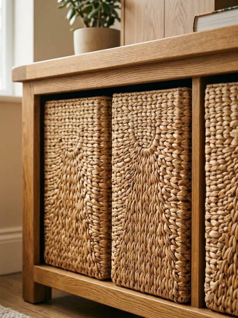 Water hyacinth baskets filling the open lower shelf bays of a TV unit, hiding contents while adding organic texture