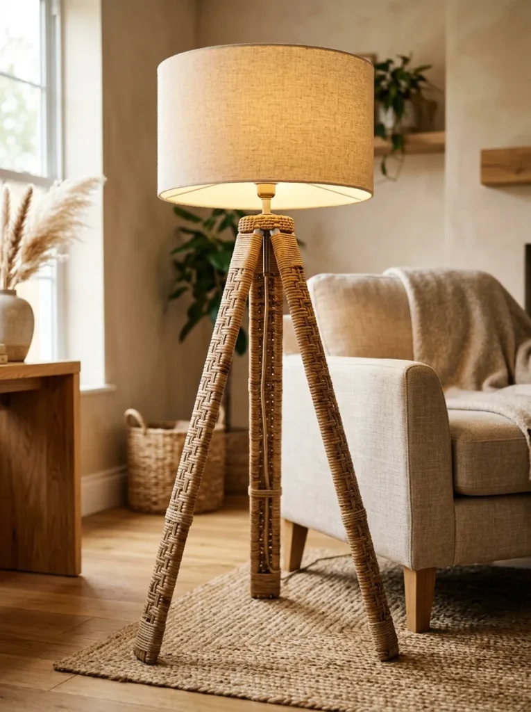 Rattan tripod floor lamp with woven natural legs and an oatmeal linen drum shade in an organic living room with jute rug and natural wood furniture