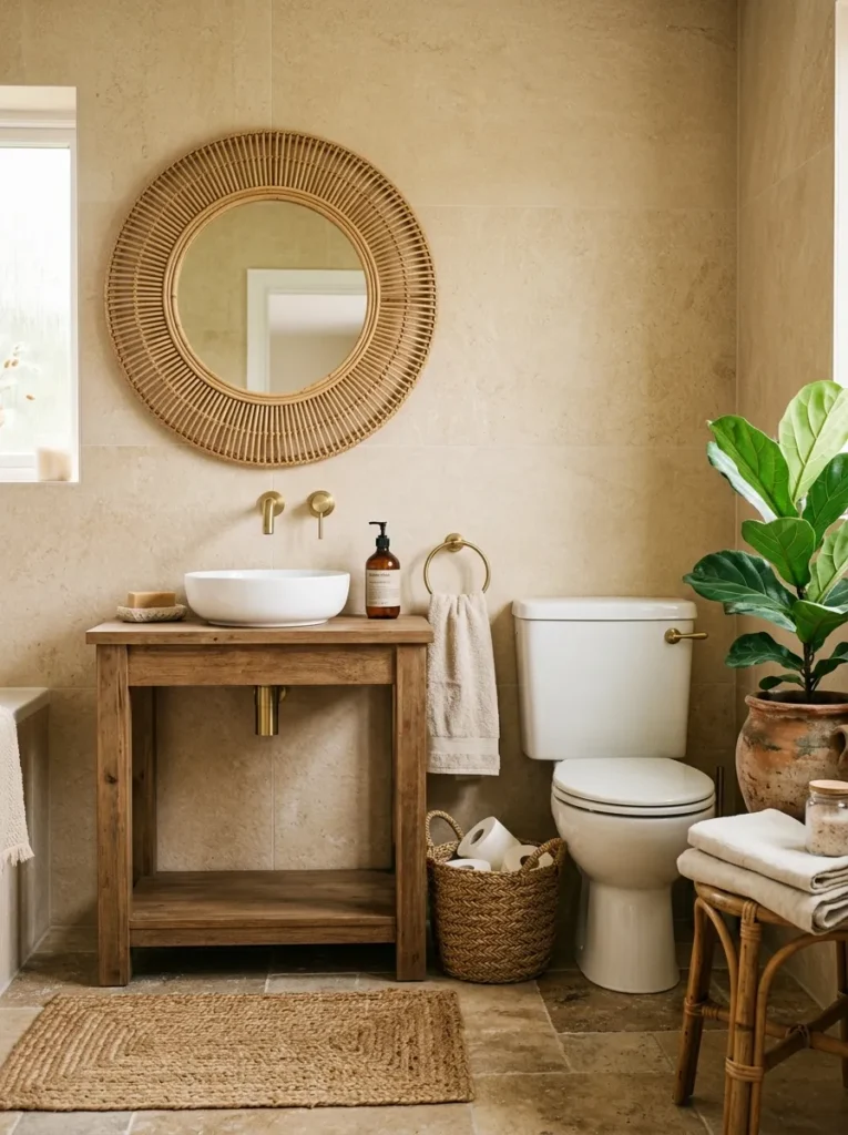 Beige bathroom styled with rattan mirror, jute bath mat, seagrass basket, and fiddle-leaf plant in terracotta pot
