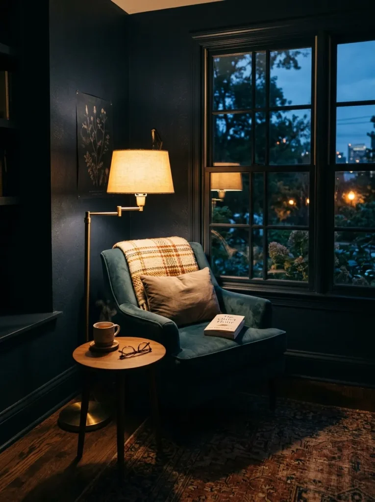 Living room reading nook with a floor lamp in the corner defining the zone — armchair and side table lit warmly while the rest of the room is darker