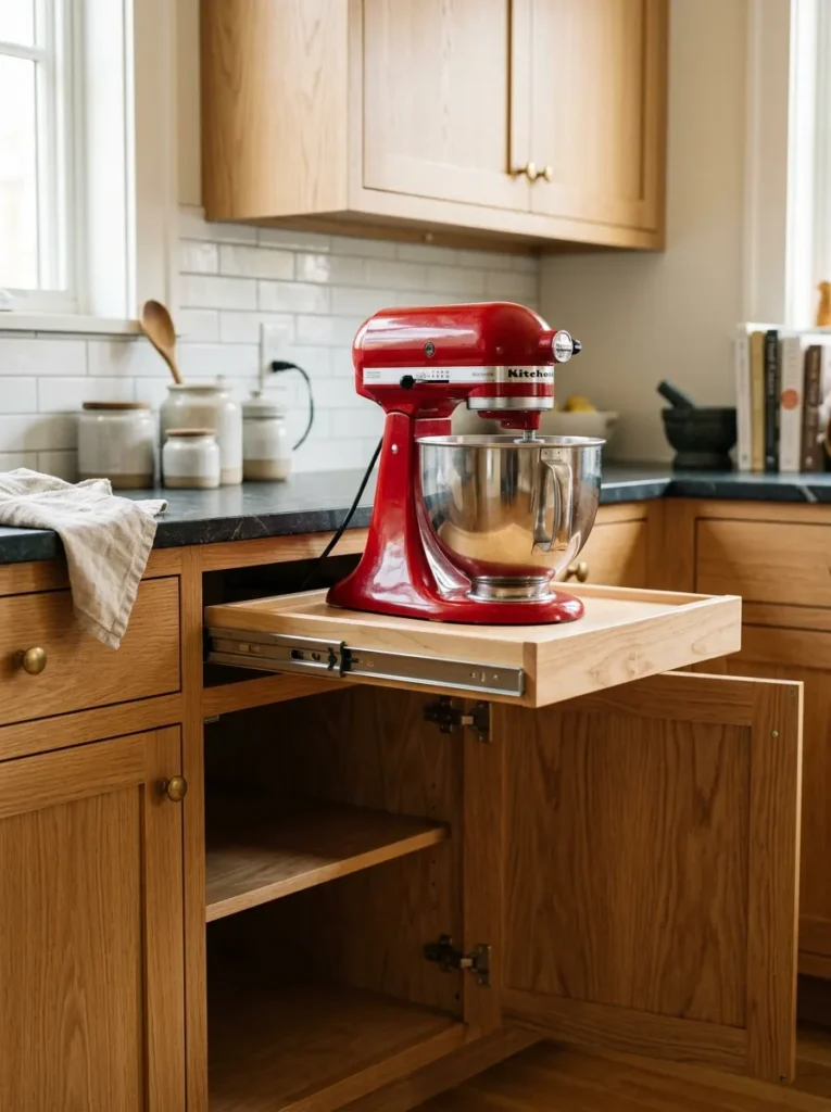Roll-out appliance shelf extended to the counter edge with a KitchenAid stand mixer at counter level, drawer slides visible on both sides