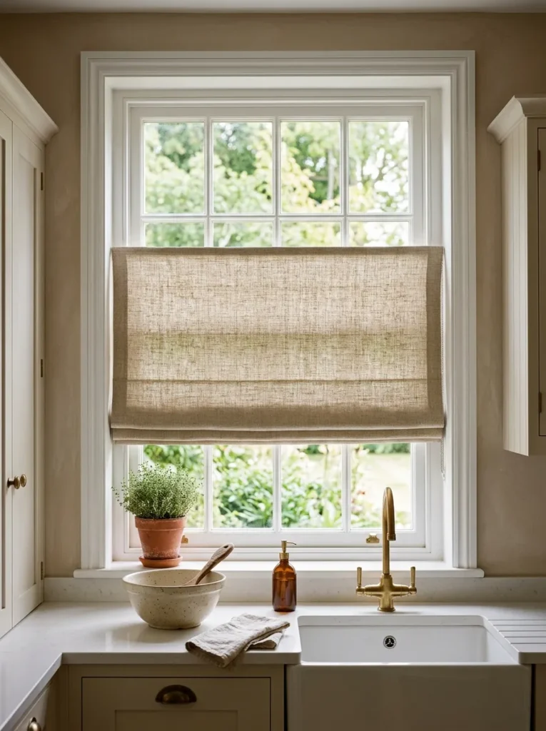 Flat Roman shade in natural woven linen partially raised on a kitchen window, mounted inside the frame with neat horizontal fold lines