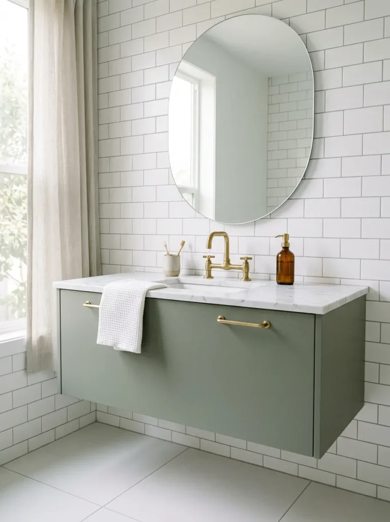 Sage green matte floating vanity with marble countertop, brass hardware, and white subway tile in a soft morning light bathroom